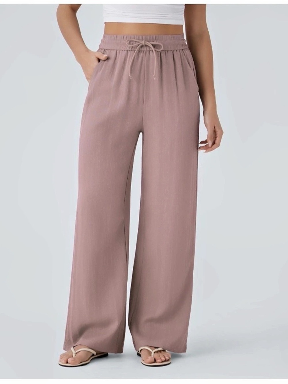 High Waisted Drawstring Pocket Wide Leg Baggy Casual Linen-Feel Pants